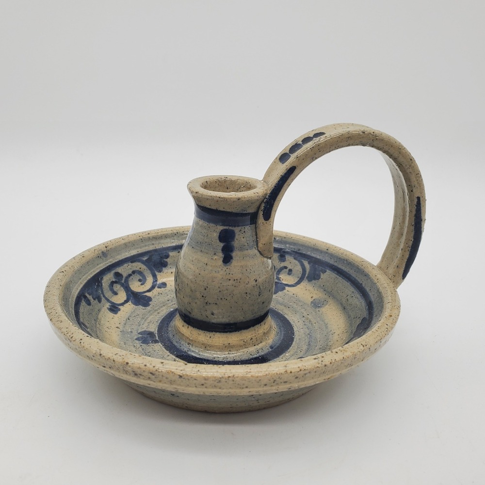 Vintage Stoneware Chamberstick Candle Holder Cobalt Blue Salt Glaze Farmhouse